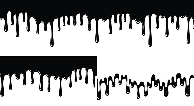 Seamless horizontal borders featuring black liquid or paint dripping down in various thick and thin streams on a solid white background.