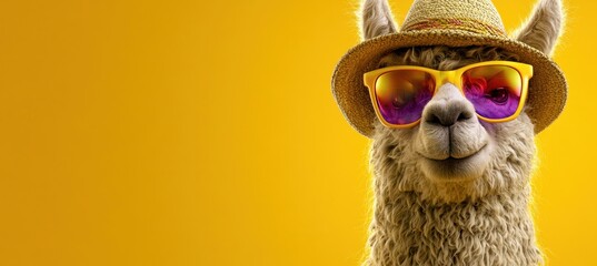 Obraz premium Alpaca Wearing Sunglasses At A Summer Drink Outdoors