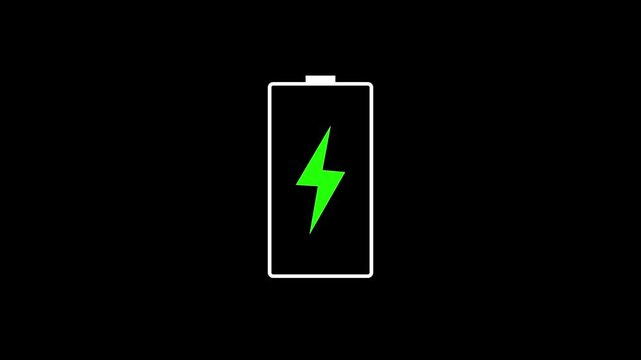 Digital full battery charging status indicator animation on Alpha Channel. Critical level, no energy, warning.4k video animation