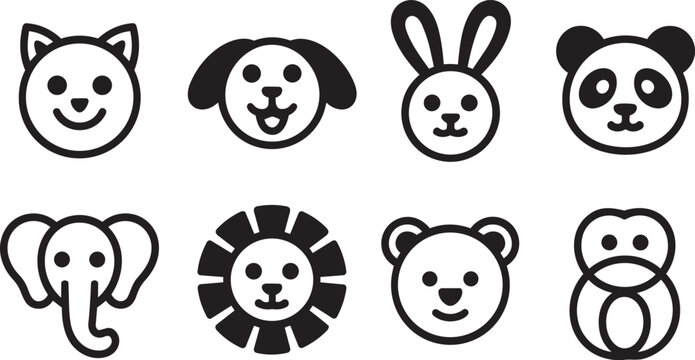 Cute animal icons set featuring cat dog rabbit panda elephant lion bear monkey faces with happy