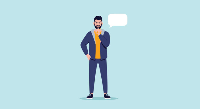 Bearded man in casual clothing standing and gesturing for silence with a finger over his lips and a blank speech bubble above him.