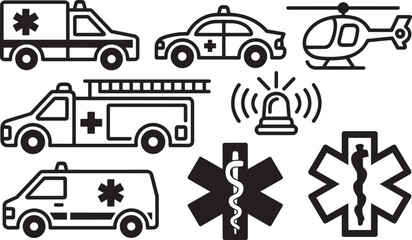 Emergency vehicles and symbols for medical services and rescue operations in outline style © MOHAMMAD