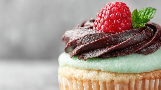 Eye level close-up of single cupcake, light brown liner and cake base, light green bottom frosting and chocolate swirl top frosting, topped with red raspberry and mint leaf, white background.