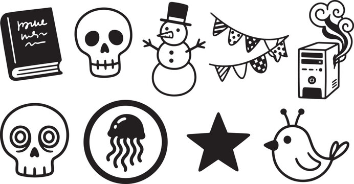 Set of cute handdrawn doodle icons including skull, snowman, computer and star