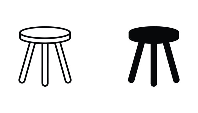 Minimalist round wooden stool icons in outline and solid black styles for furniture and interior design