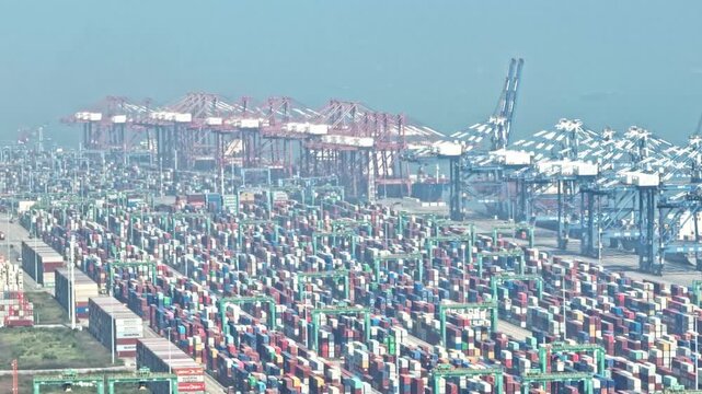 Massive Container Port with Cargo Cranes and Shipping Containers
