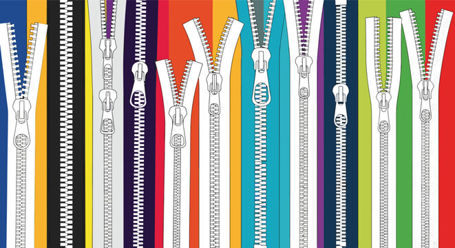 Vibrant and colorful background featuring many open and closed zippers in a variety of bright hues creating a textile themed pattern.