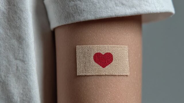 Close up of an arm with a bandage and a red heart after a blood donation or vaccination