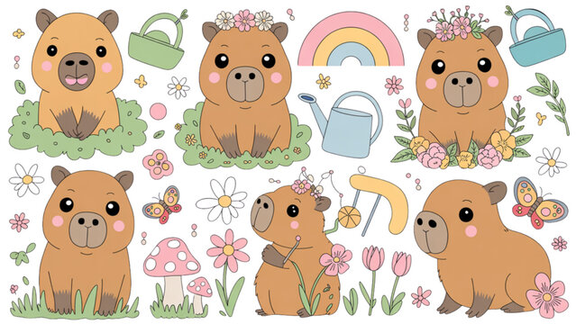 Cute cartoon hamsters playing with colorful toys in a cheerful garden setting Vector