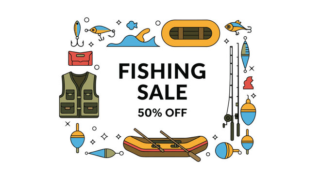 Promotional banner for a fishing sale featuring various gear like rods, lures, boats, and a vest surrounding fifty percent off text.