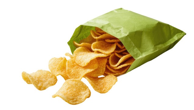 Green paper bag spilling potato chips, isolated on transparent background