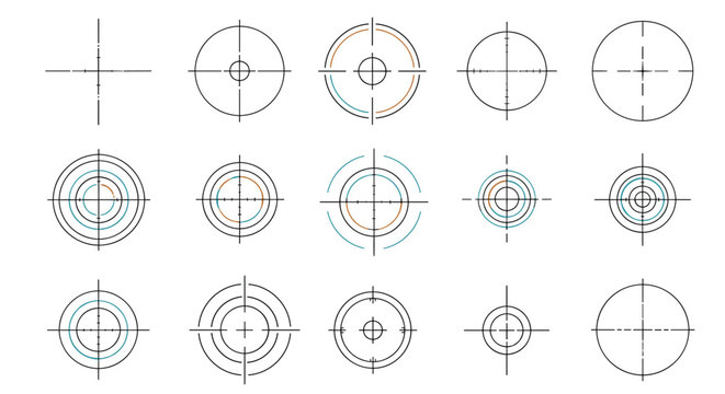 Diverse collection of technical crosshairs and target symbols in various styles and colors for gaming or tactical interface designs.