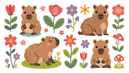 Fototapeta premium Cartoon badger and hedgehog surrounded by colorful flowers and mushrooms in a playful forest setting Vector