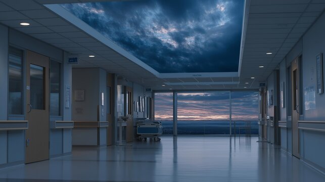 Overcast sky visible through skylight above neurology ward, empty hospital corridor with brain imaging appointment signs, institutional healthcare architecture, perfect for medical facilities,