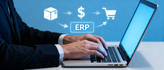 Fototapeta premium ERP system diagram showing the flow of goods and finances from production to customer with a person using a laptop for business management