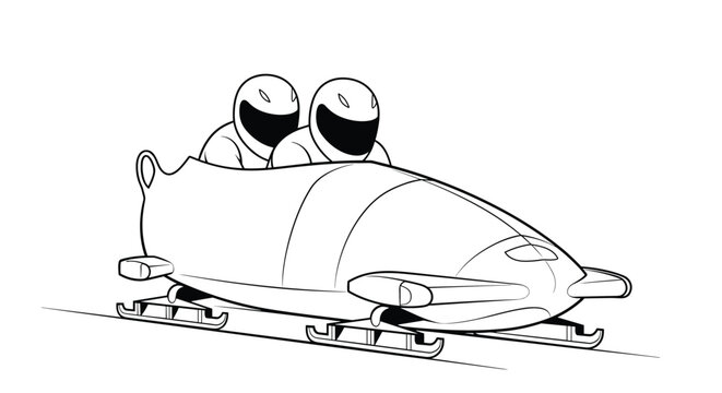 Black and white line drawing of two athletes in a bobsled competing in a winter sports event with a focus on motion and speed in the slide.
