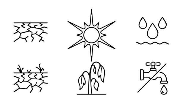 Drought and water scarcity icon set with parched dry land intense sun thirsty wilting plant and restricted water tap usage
