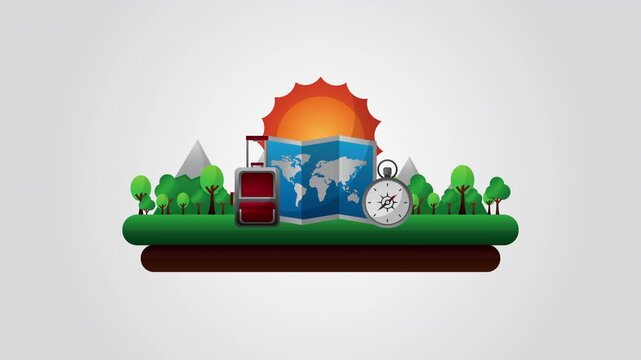Animated travel and tourism concept with world map compass and suitcase in mountain forest landscape.
