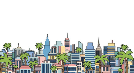 Tropical city skyline with palm trees in flat design vector art. © Hasanz