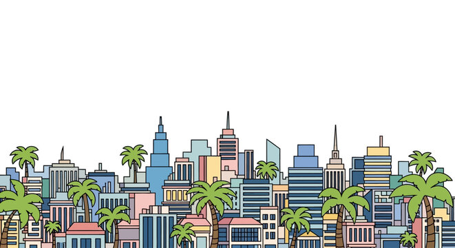 Tropical city skyline with palm trees in flat design vector art.
