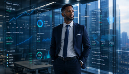 Fototapeta premium Businessman suit office digital data confident analytics finance city modern workspace