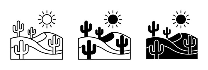 Obraz premium 3 Desert landscape silhouette icons, with saguaro cacti, sand dunes, sun, solid black style, travel nature