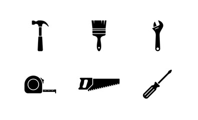 Fototapeta premium 6 construction tool silhouette icons hammer, paintbrush, wrench, tape measure, saw, screwdriver, solid black style, home improvement.