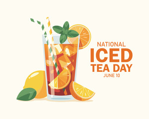 National Iced Tea Day vector illustration. Glass of ice tea with lemons drawing. Iced tea with citrus and mint leaf icon. Glass of lemonade with a straw vector. June 10 each year. Important day © MD ABDUL MATIN