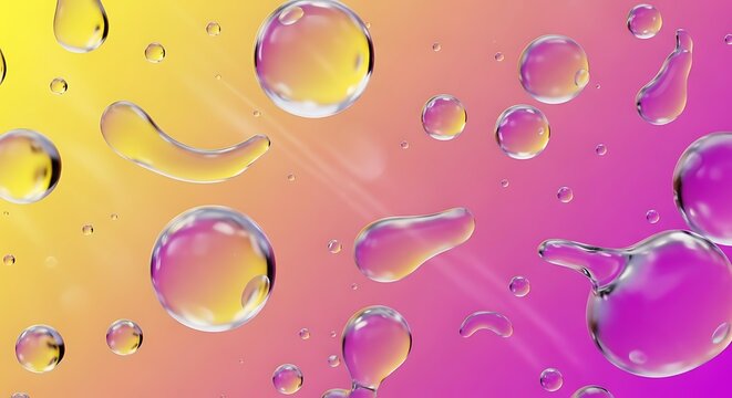 Abstract Colorful Liquid Bubbles and Glossy Drops on Gradient Background, Vibrant Fluid Shapes with Light Reflections, Modern 3D Render Design