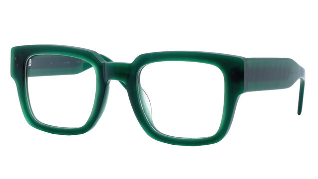 Thick green acetate eyeglasses with clear lenses, isolated on transparent background