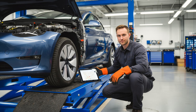 professional male mechanic in orange protective gloves using digital tablet for electric car diagnostic and maintenance in modern auto service center for ev repair shop concept