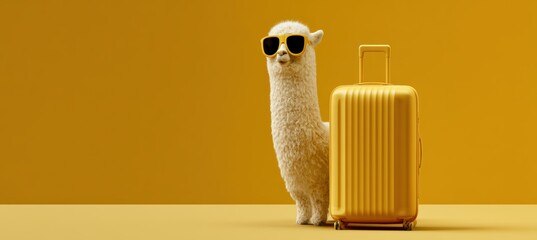 Obraz premium Alpaca in office meeting with sunglasses and suitcase for business success
