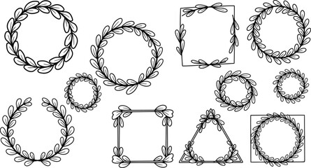 Decorative floral leaf wreath frames set hand drawn circular and square borders for wedding invitations and greeting cards design. © MdBabur