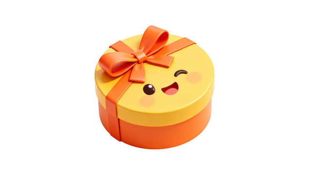Cute yellow orange round gift box present on transparent background