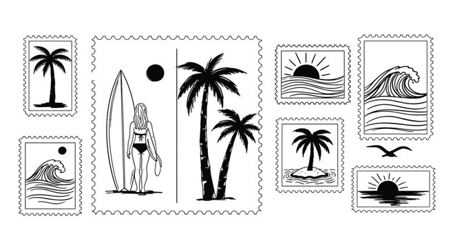 Surfing themed postage stamp set featuring palm trees surfboard sunset and ocean waves vintage style illustration for summer.