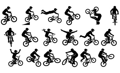 Naklejka premium Extreme BMX Bike Jump Trick Silhouette Icon Set Collection