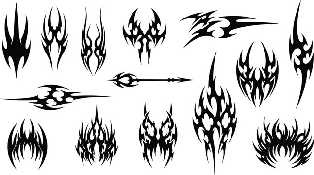 Tattoo art collection featuring black tribal flame and gothic style symmetrical ornaments for body art and creative graphic design.