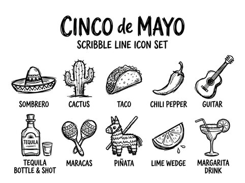 Cinco de Mayo Scribble Line Icon Set Festive Mexican Holiday Illustrations for Celebration