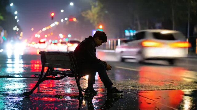 A lone figure sits on a bench in the rain at night, illuminated by city lights