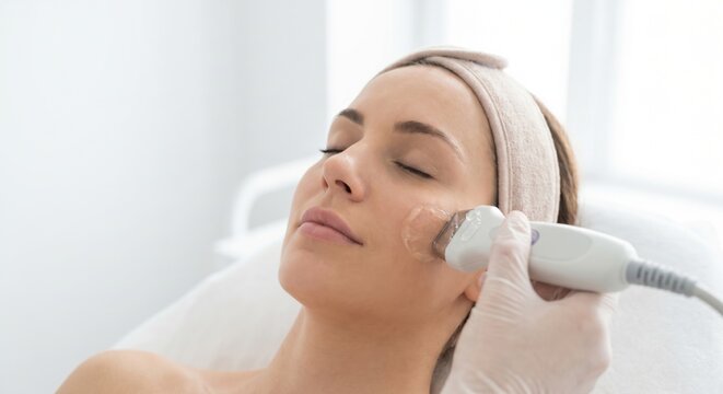 Woman receiving ultrasound skin firming facial treatment