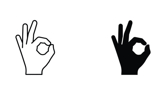 Hand gesture ok sign icon in outline and solid black style for user interaction and feedback communication visuals isolated on white background
