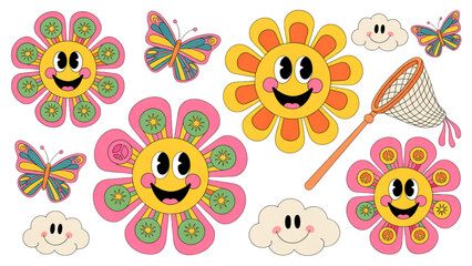 Colorful smiling cartoon flowers and ladybug with paintbrush Vector © Sofiqul