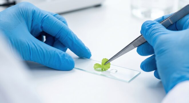 Scientist preparing Cica leaf sample on microscope slide