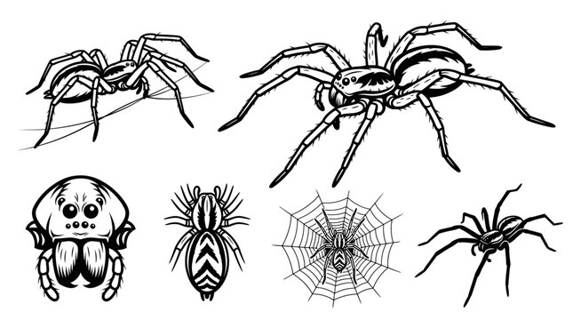 Black and white vector silhouette set of Grass Spider