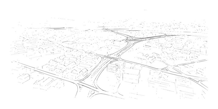 Aerial of a complex highway interchange over a town urban