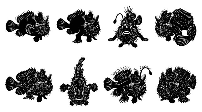 Black and white vector silhouette set of Hairy Frogfish