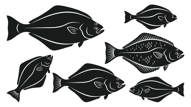 Black and white vector silhouette set of Halibut fish