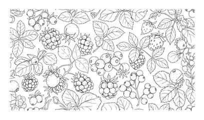 Black and white line pattern of various berries and leaves berry raspberry strawberry © Salam