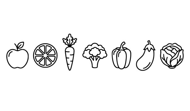 Fruit and Vegetable Line Icon Set Black White Healthy Food Menu Vector Collection