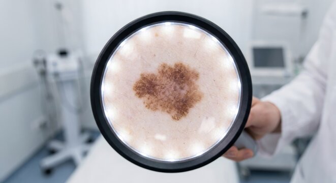 Dermatologist using dermatoscope to examine nevus on skin